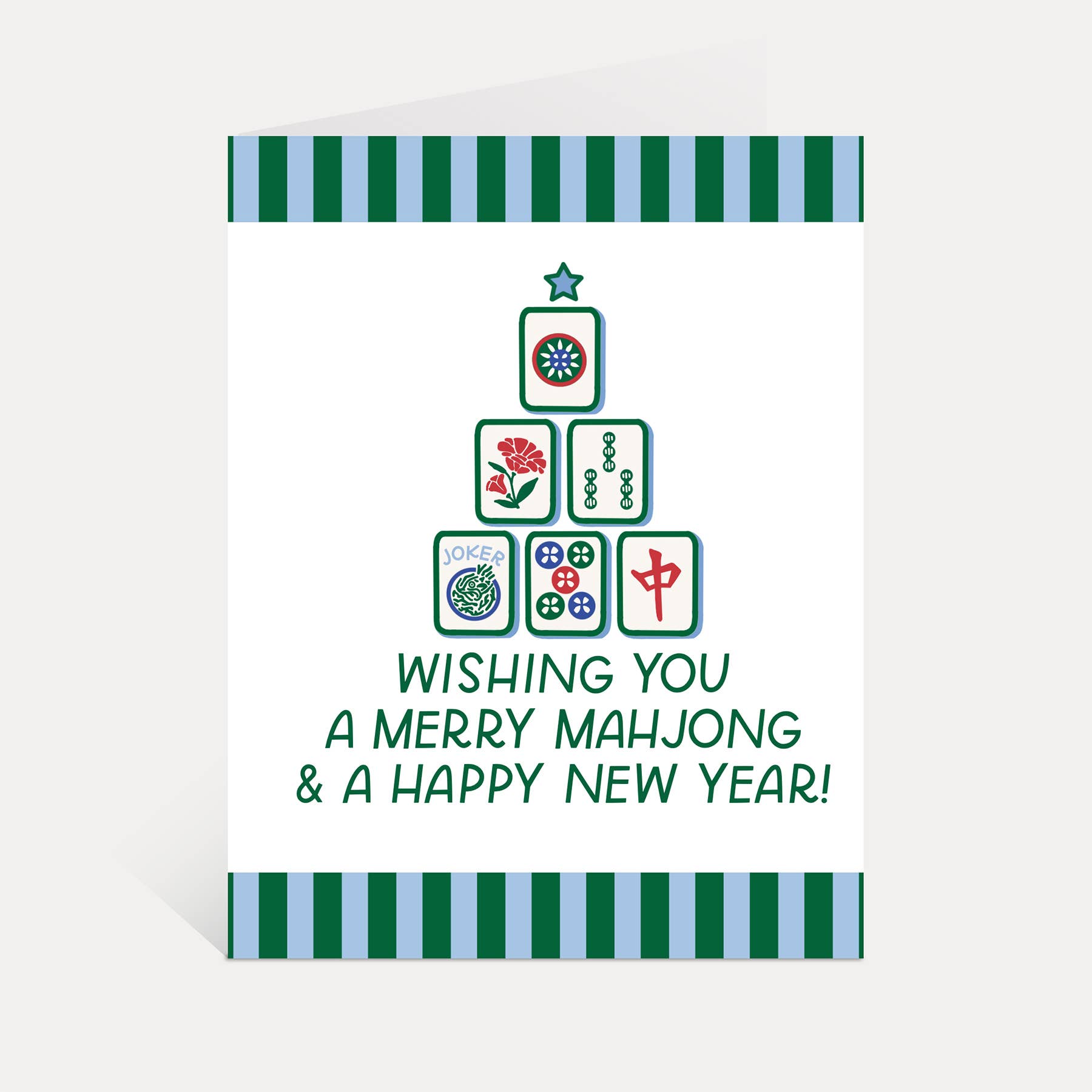 Merry Mahjong & Happy New Year greeting card featuring a Mahjong tile tree and the text, Wishing you a merry Mahjong.
