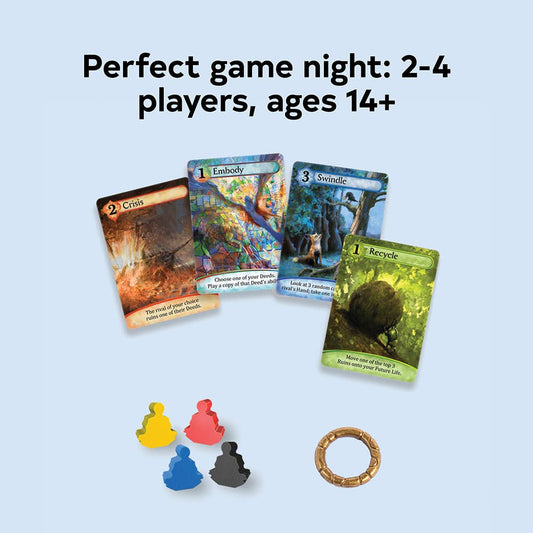 Karmaka card game components: four game cards, four colored tokens, and one ring token.