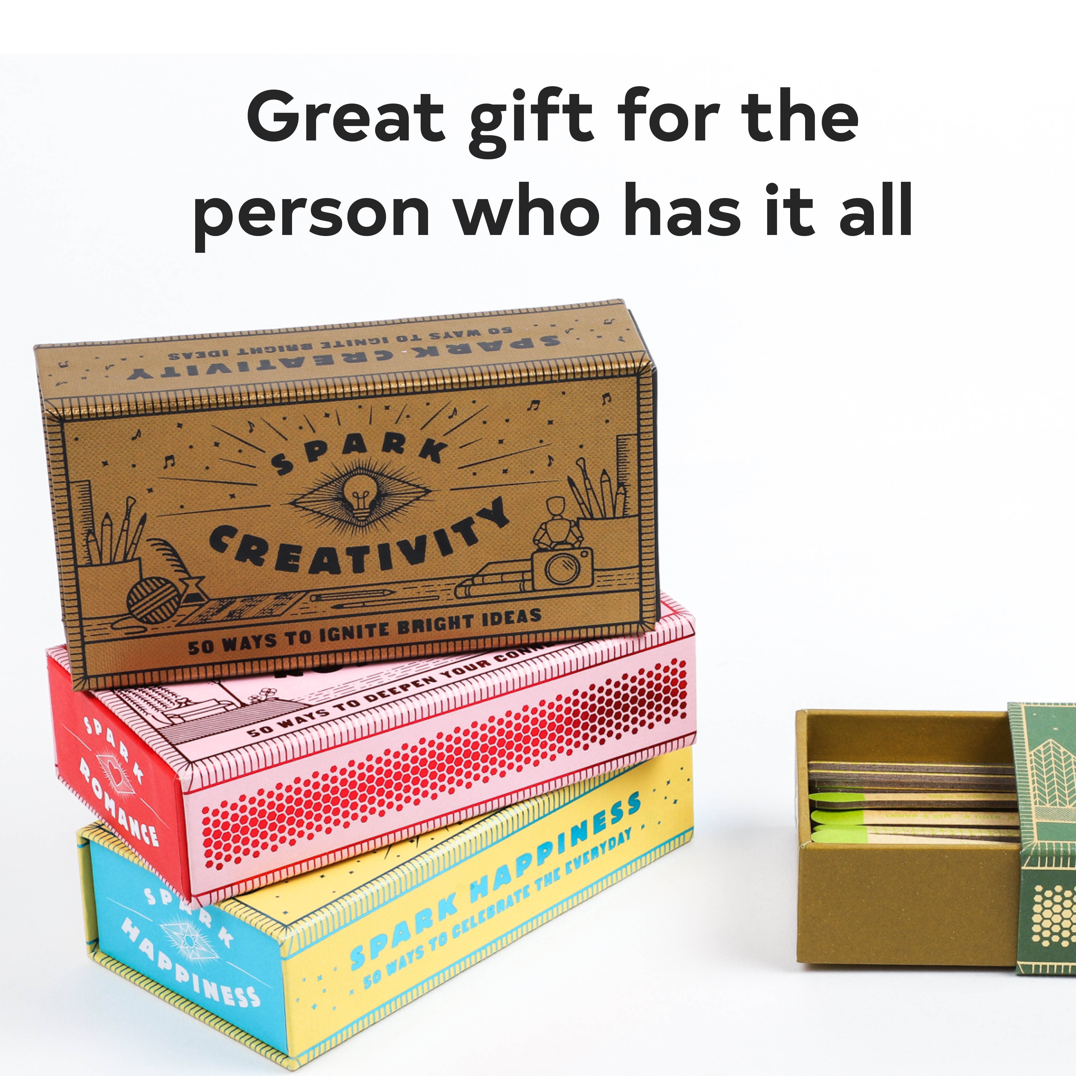 Spark Creativity card set with 50 prompts for new ideas and daily happiness.
