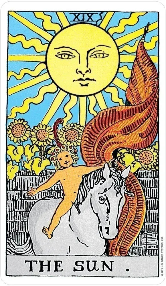 Child on a white horse with sunflowers and a red banner, Rider-Waite Tarot Deck art style.