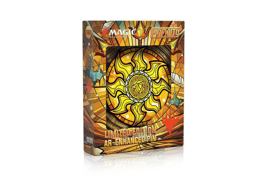 Magic the Gathering Stained Glass Plains AR Pin, limited edition, featuring a yellow sunburst design.