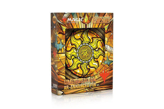 Magic the Gathering Stained Glass Plains AR Pin, limited edition, featuring a yellow sunburst design.