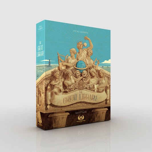 The Great Library: Kickstarter Edition box showing classical statues and ancient manuscripts in a book-themed design.