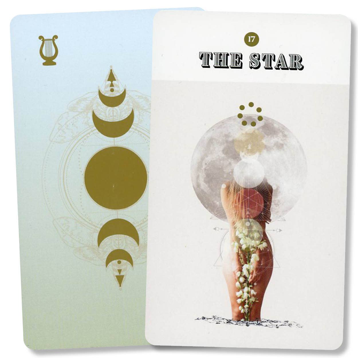 Gold Lyre Tarot cards: The Star card with celestial art and flowers, and a card showing moon phases.
