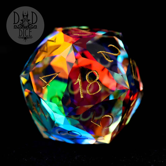 30mm Gem Cut Prism D20 die, colorful glass with gold on black. DnD Dice logo in corner. Gift box included.
