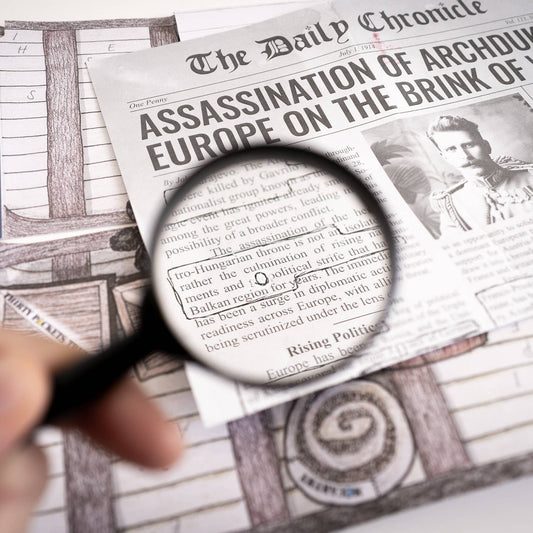 Shackleton Series: Escape Game, historical fiction edition with a magnifying glass highlighting game clues.