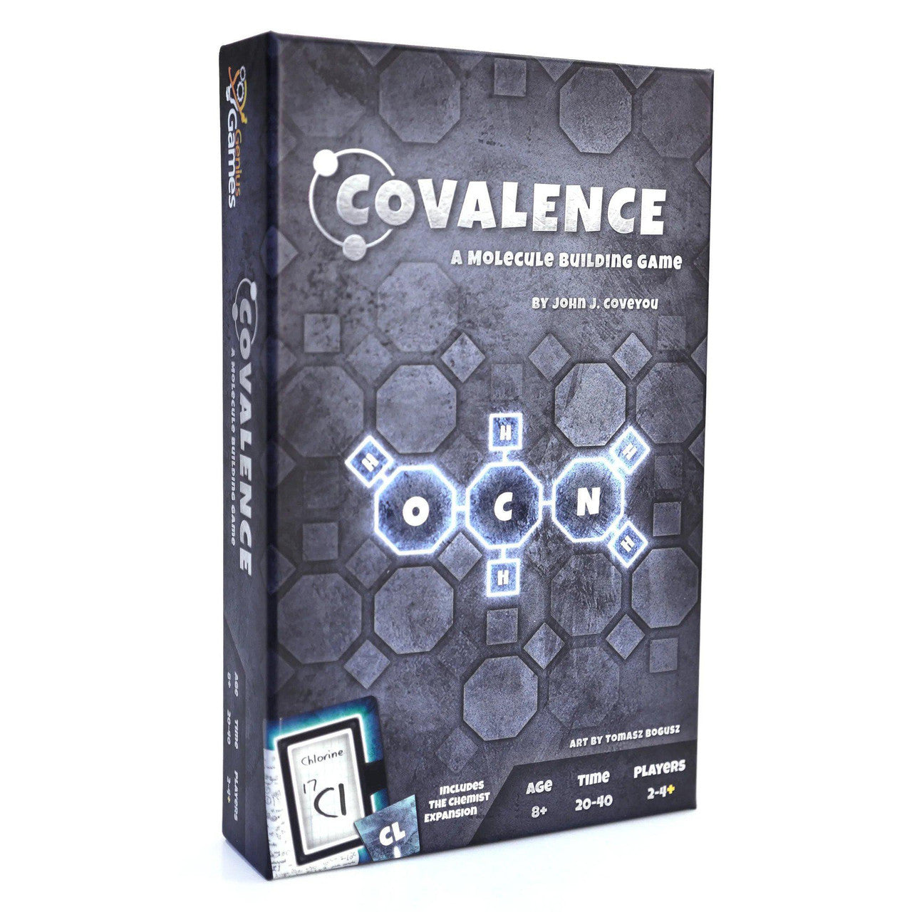 Covalence board game box with hexagons and chemical symbols on the cover.