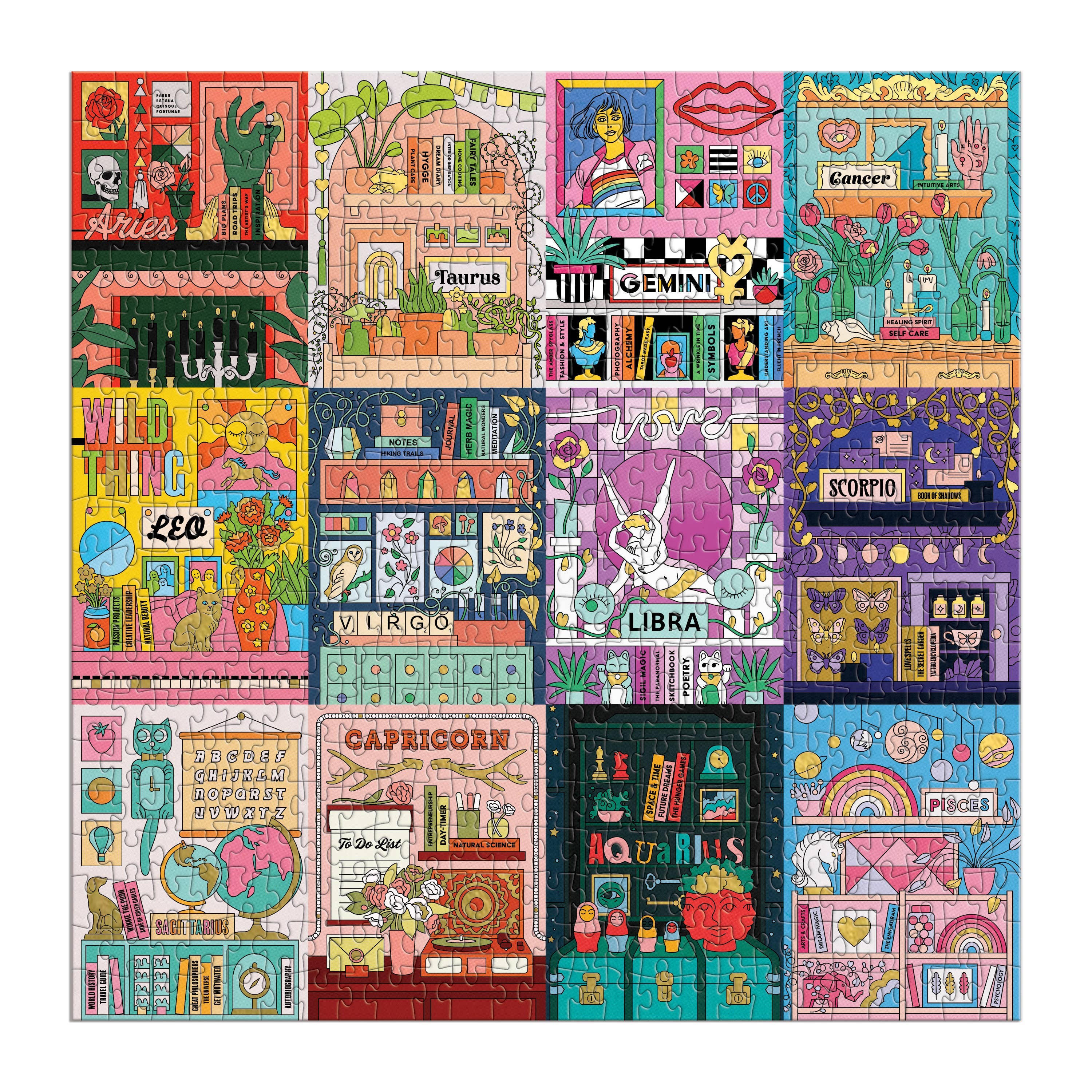 House of Astrology 500 piece foil puzzle featuring 12 zodiac signs, themed objects, and gold foil accents.