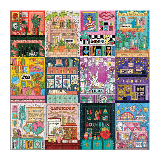 House of Astrology 500 piece foil puzzle featuring 12 zodiac signs, themed objects, and gold foil accents.