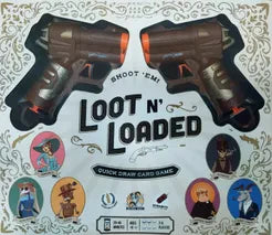 Loot N Loaded game box featuring two toy pistols and animal bounty hunters in western attire.
