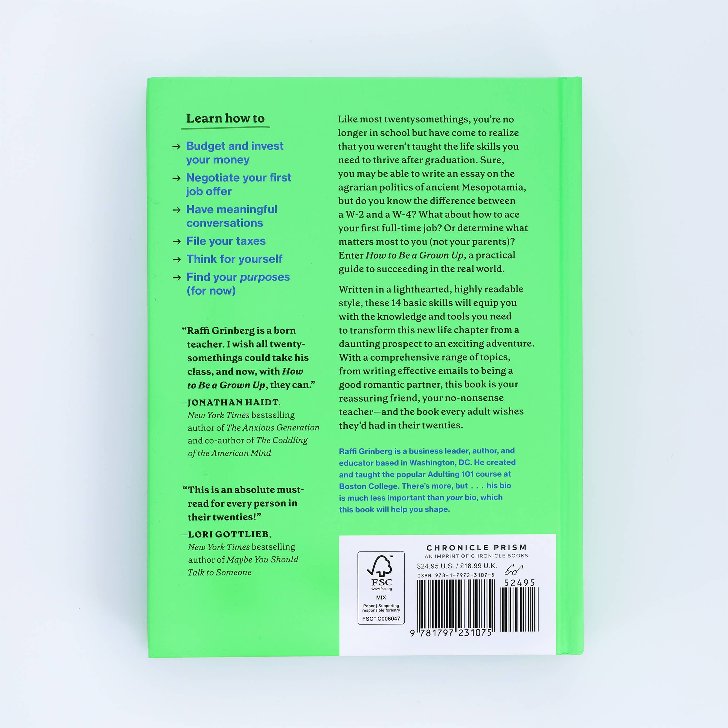 How to Be a Grown Up back cover with life skills tips, endorsements, summary, and barcode in lower right corner.