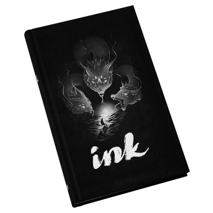 The Ink: 1E Core Rulebook Hardcover, roguelite RPG, with cover art of three dragon heads and a figure by water.