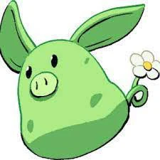 Leafpig Animon enamel pin showing a green blob with pig features, large ears, and a flower pin on its curly tail.