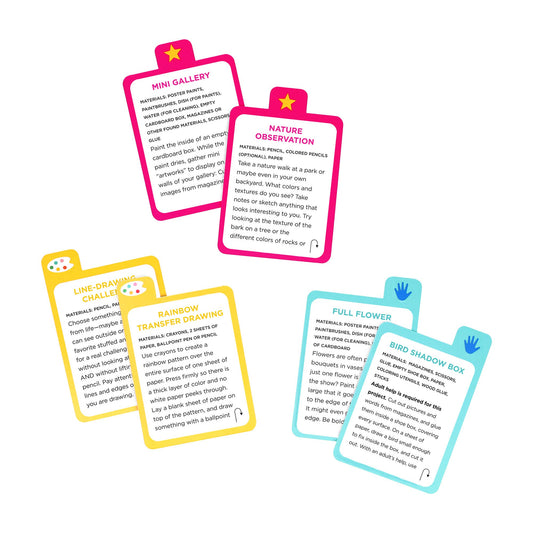 Busy Ideas for Bored Kids: Artist Edition cards showing screen-free art ideas with icons and titles.
