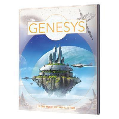 Genesys Game Masters Screen featuring artwork of a futuristic floating city, spaceships, and a planet.
