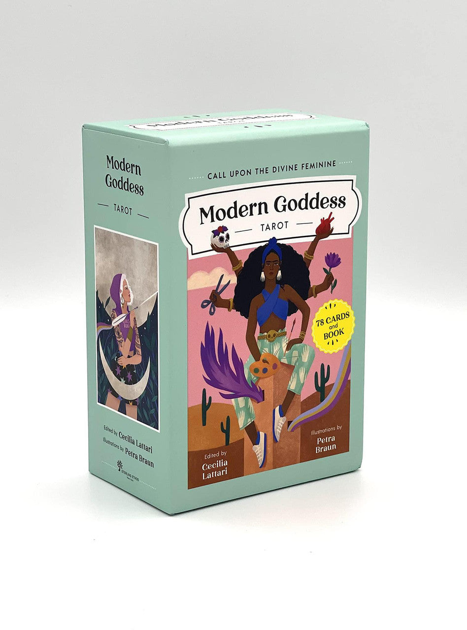 Modern Goddess Tarot box by Petra Braun in mint green with illustrated women and colorful designs.
