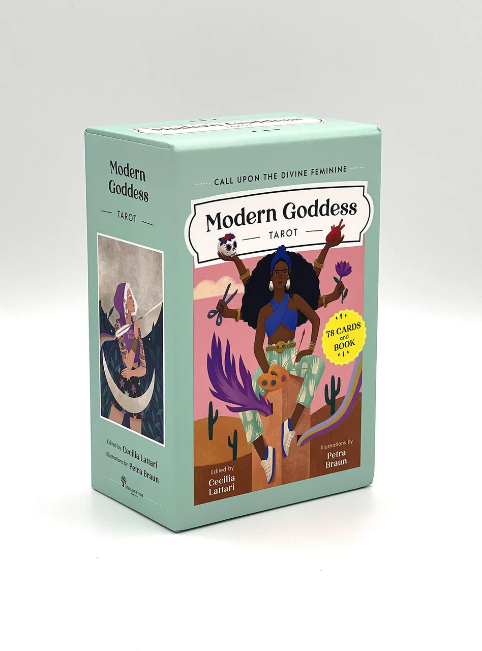 Modern Goddess Tarot card box with an illustrated woman riding a winged creature on the front.