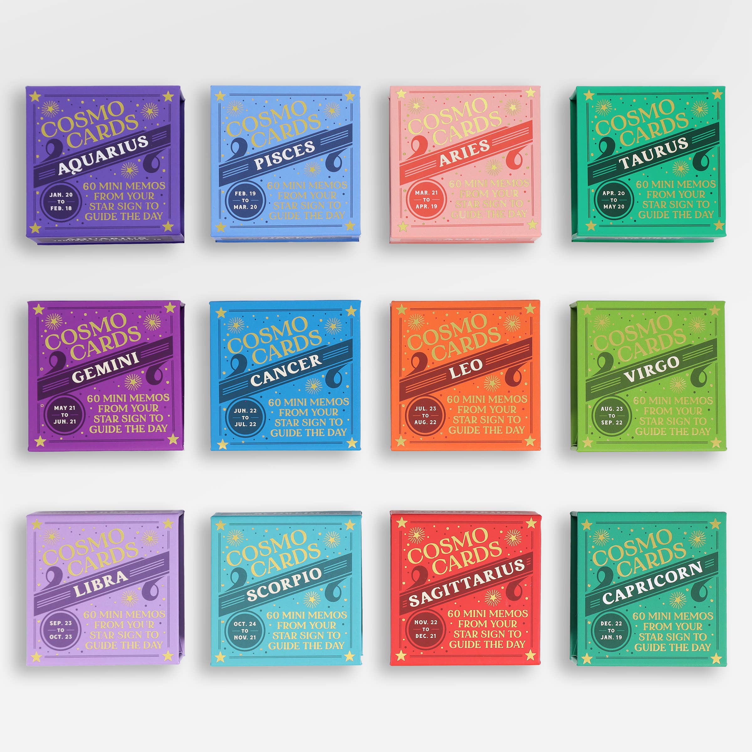 Cosmo Cards set with 12 square boxes, each featuring a zodiac sign.