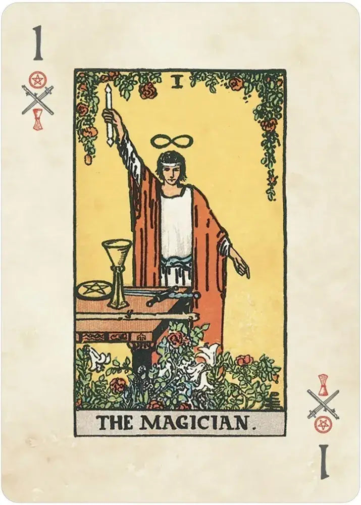 Rider-Waite™ Playing Card Deck showing the Magician with a raised wand, symbols, and flowers on his table.
