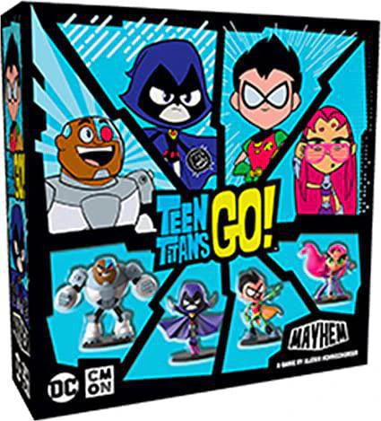 Teen Titans Go Mayhem board game with team play, hero figurines, and victory points.