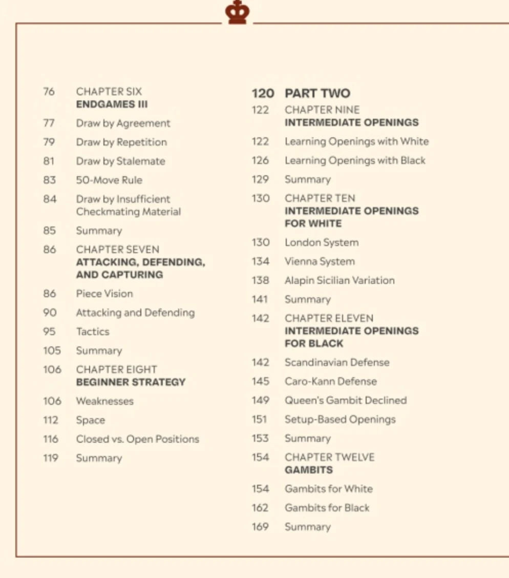 Table of contents for How to Win At Chess by Levy Rozman, listing endgames and beginner chess strategies.