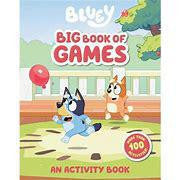 Bluey Big Book of Games cover featuring Bluey, Bingo, and a red balloon outdoors.