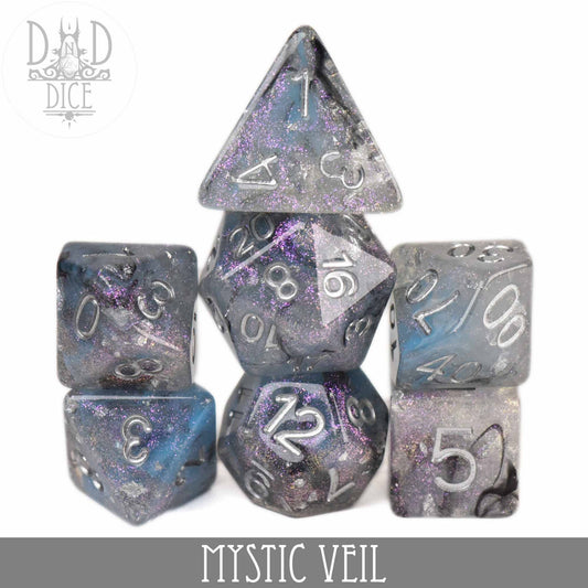 Mystic Veil 7-dice set with swirling galaxy design and glitter for tabletop gaming.