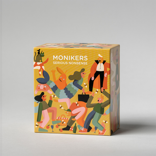 Monikers: Serious Nonsense expansion with colorful cards and Shut Up & Sit Down logo.