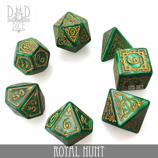 7-piece green and gold acrylic polyhedral dice set labeled Royal Hunt.