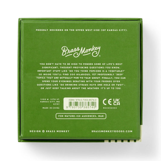 Brass Monkey Stoner Thoughts Conversation Starters box with green packaging, barcode, and logo.