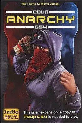 Coup: Rebellion G55 - Anarchy Expansion game cover featuring a masked figure holding a Molotov cocktail.