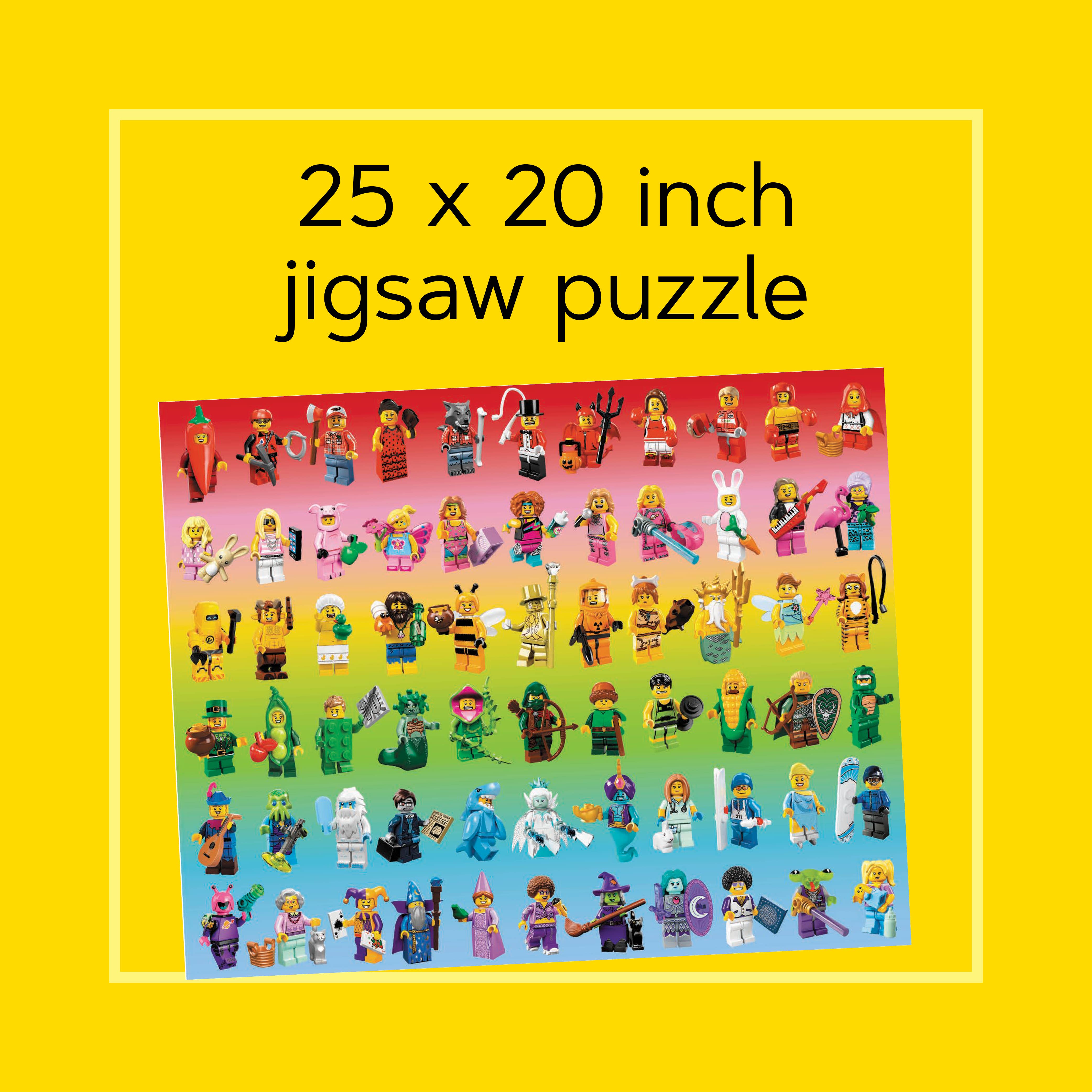 LEGO Minifigure Rainbow 1000-piece puzzle featuring colorful minifigures on a gradient; 25 x 20 inches.