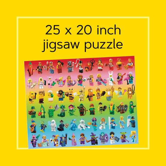 LEGO Minifigure Rainbow 1000-piece puzzle featuring colorful minifigures on a gradient; 25 x 20 inches.