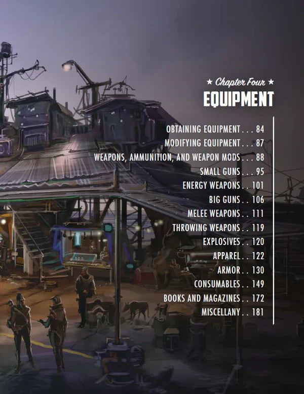Fallout RPG Core Rulebook table of contents with chapters and page numbers displayed over a dockside dusk scene.
