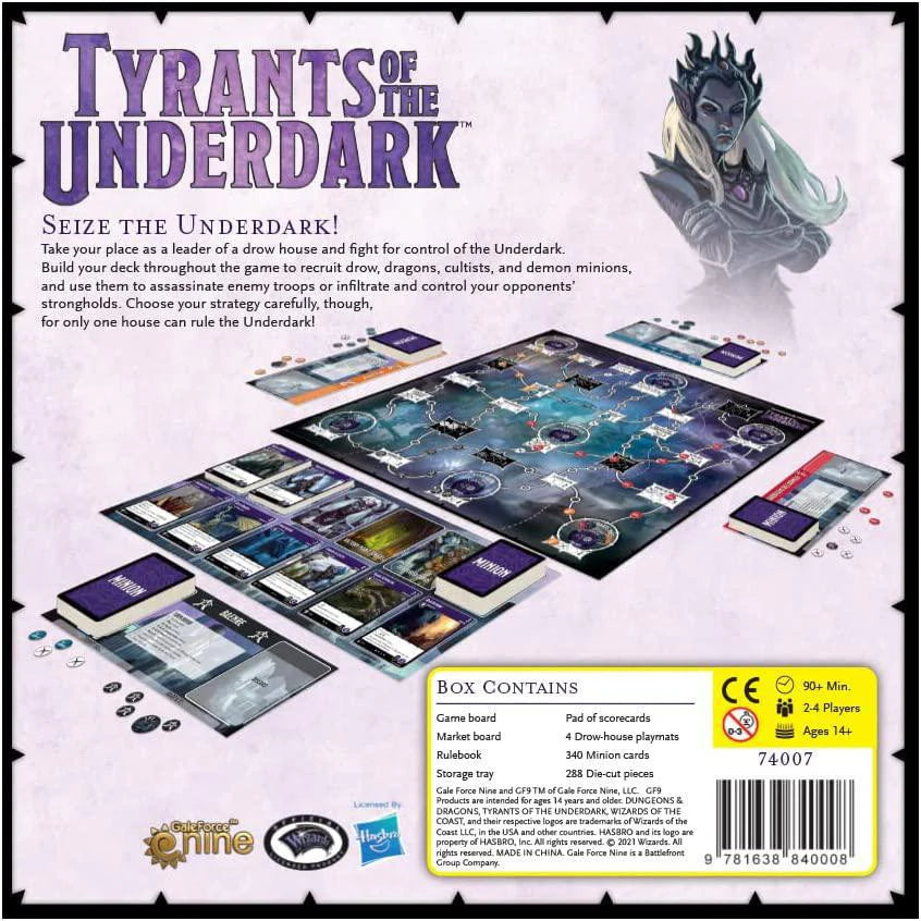Back of Tyrants of the Underdark Dungeons & Dragons Board Game box showing deck-building and dark elf artwork.