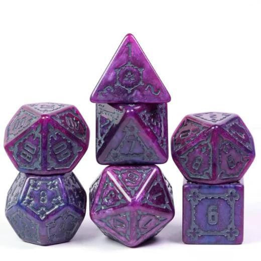 Six 25mm Huge Royal Castle Dice in purple and blue with ornate numbers and intricate designs, stacked.