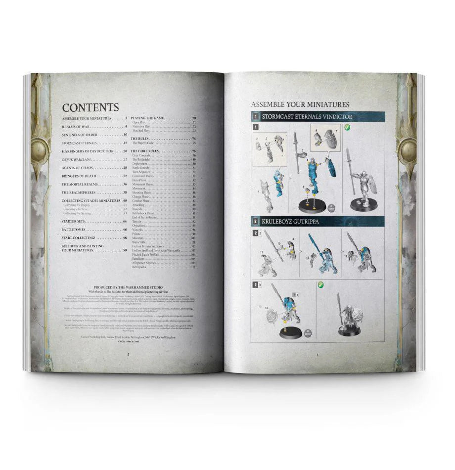 Getting Started with Age of Sigmar manual open to contents and assembly instructions for Warhammer miniatures.