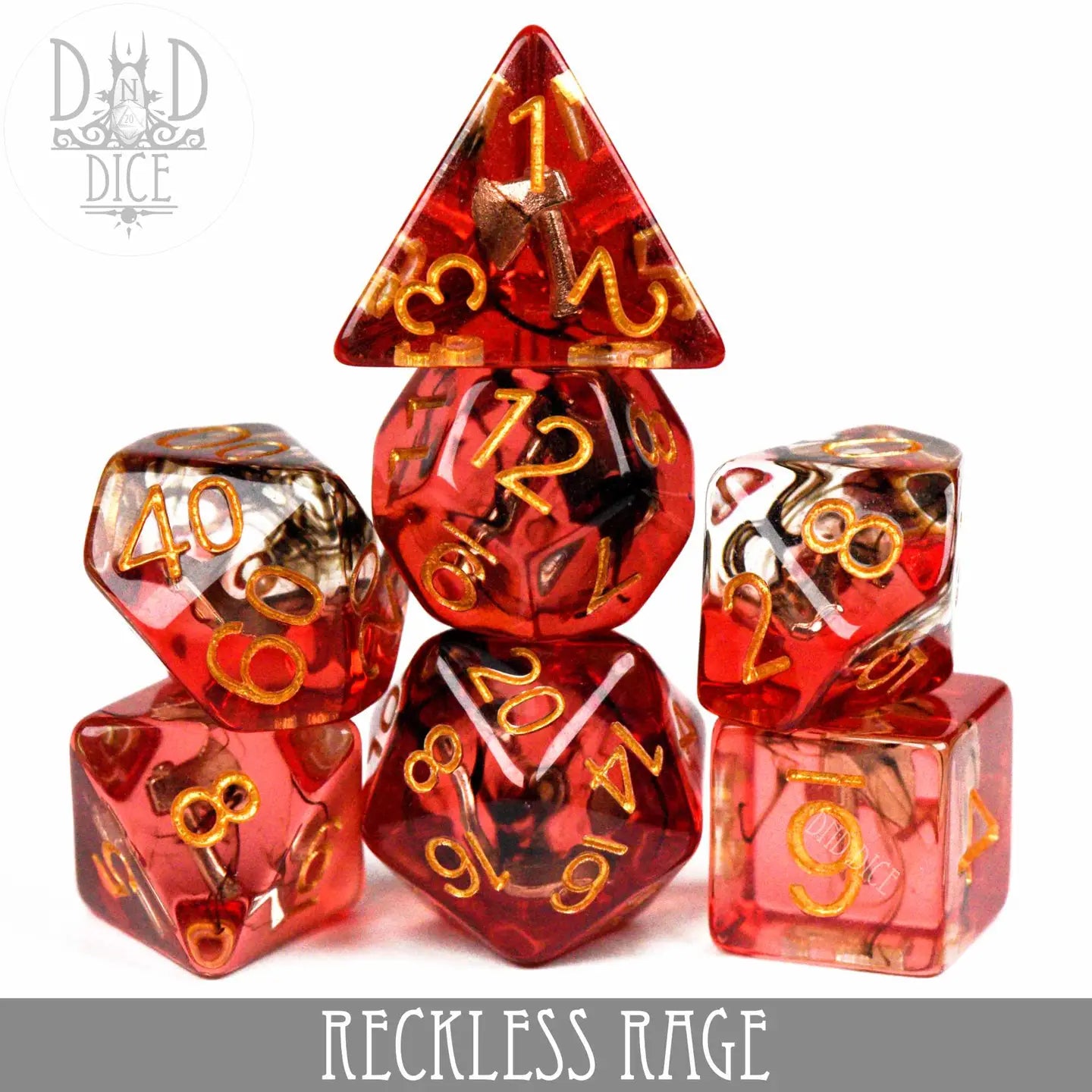 The Reckless Rage Dice Set includes red and gold polyhedral dice.