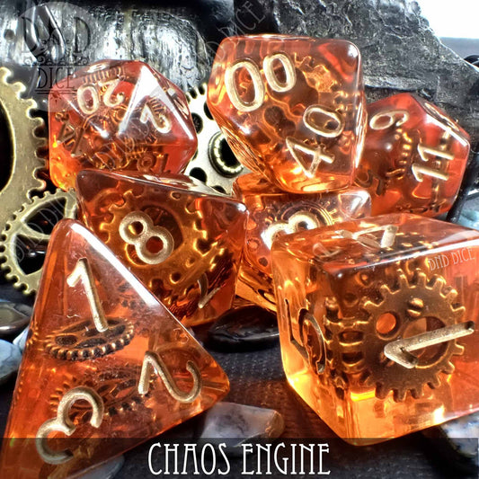 7-piece orange translucent resin DND dice set with gear designs; variant labeled “Chaos Engine.”.