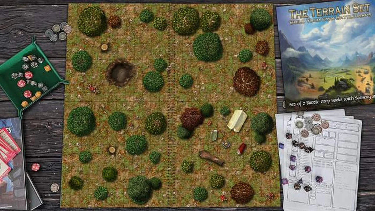 The Terrain Set tabletop RPG kit with customizable terrain, laminated maps, dice, sheets, coins, and rulebook.