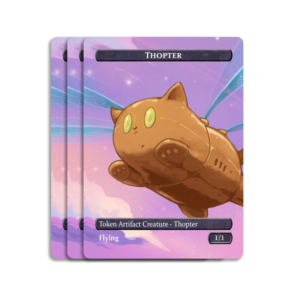 Thopter & Clue Token Set card featuring a cat-winged, yellow-eyed brown Thopter on a pastel sky background.