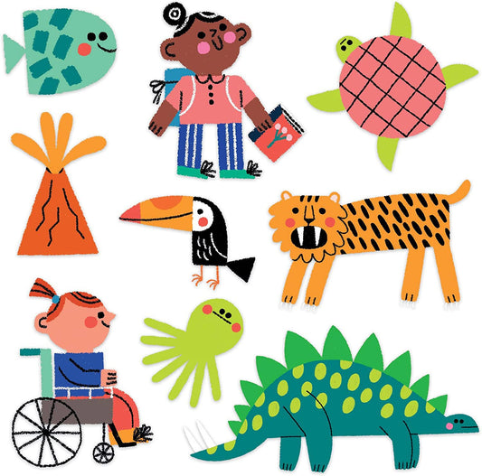 The Natural History Museum Search & Find Puzzle with animal, volcano, and children illustrations on a white background.