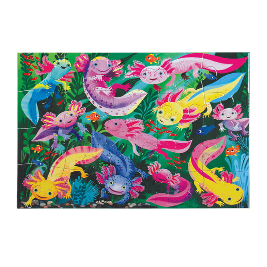 Axolotl 20 Piece Puzzle with cartoon axolotls, plants, and fish in a bright underwater scene.