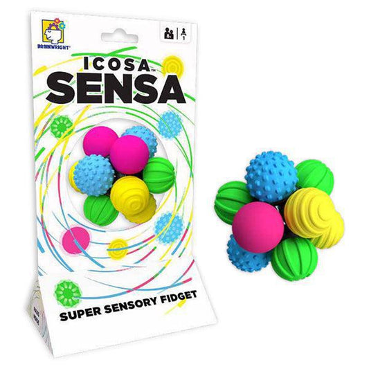 Icosa Sensa fidget ball with green, blue, pink, and yellow knobs next to its packaging.