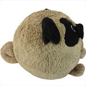Squishable Pug plush toy with round shape, tan fur, black ears, and a curled tail.