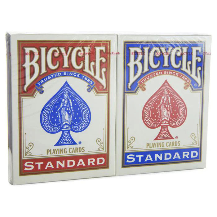 Two packs of Standard Index playing cards, one in a red box and one in a blue box.