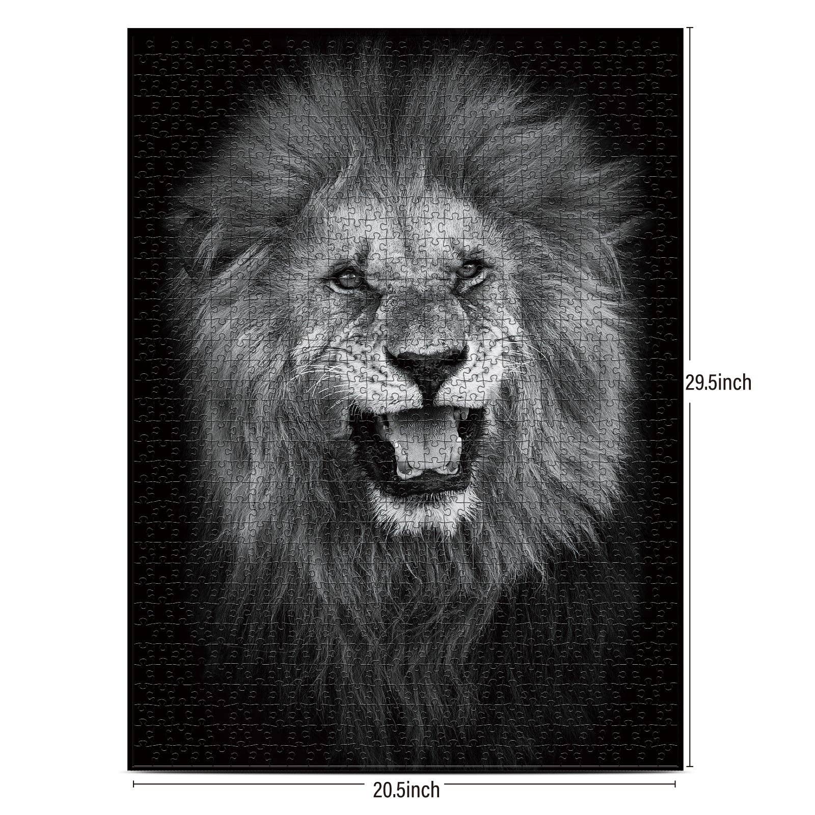 The Lion King 1000 piece puzzle, black and white roaring lion face, 29.5 x 20.5 inches.