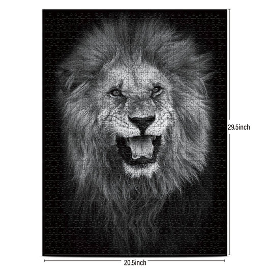 The Lion King 1000 piece puzzle, black and white roaring lion face, 29.5 x 20.5 inches.