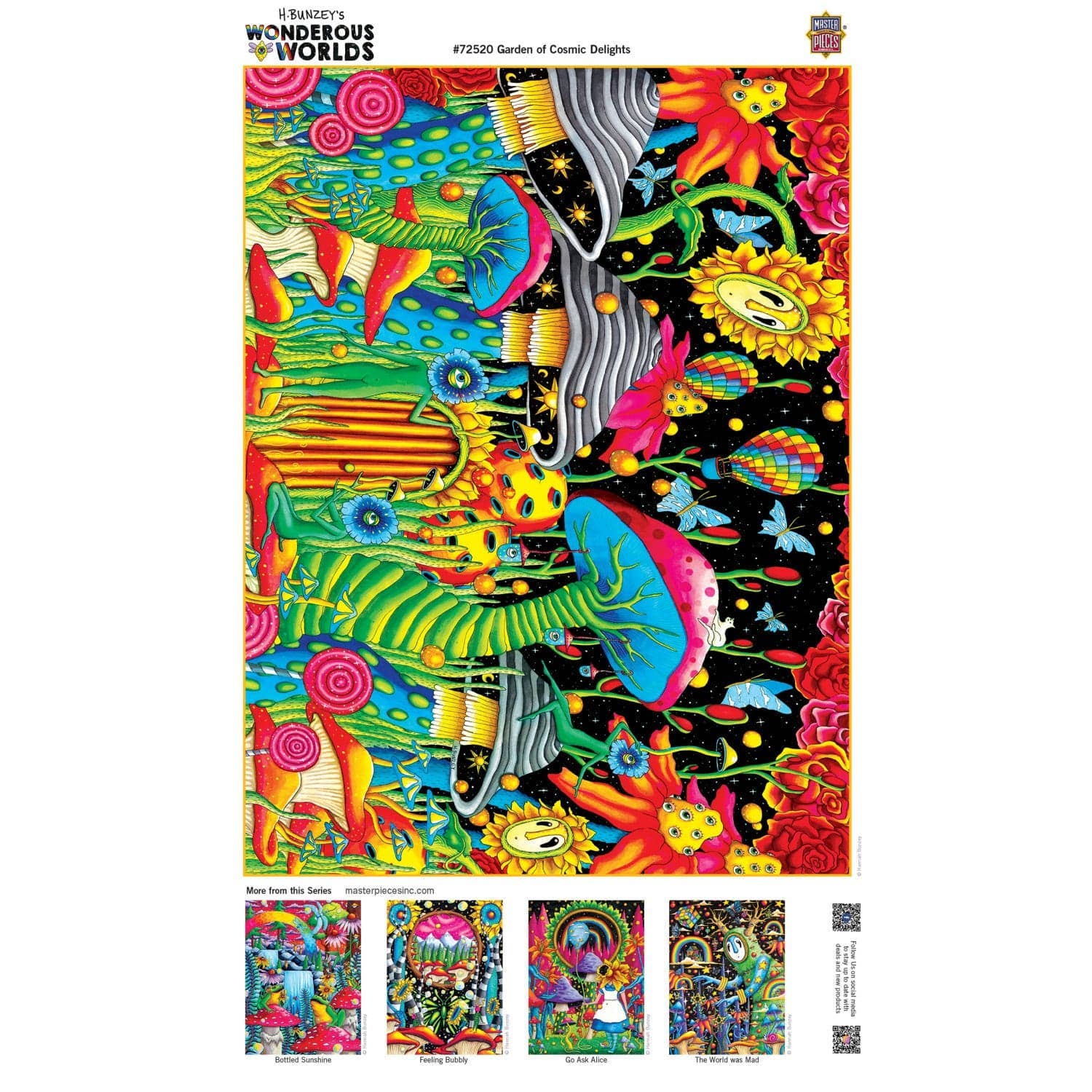 Wonderous Worlds - Garden of Cosmic Delight 1000 Piece Puzzle featuring iridescent mushrooms, flowers, and shapes.