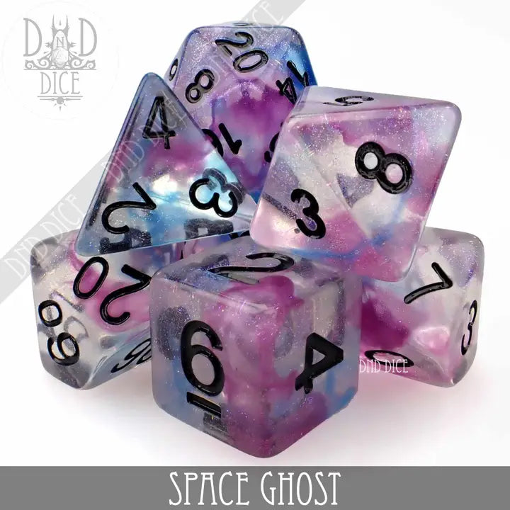 Space Ghost 7-piece polyhedral dice set in a purple, blue, and white galaxy pattern.